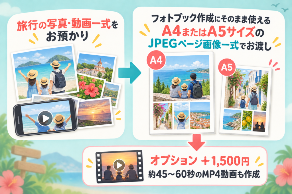 旅行の写真と動画を、フォトブック用のA4またはA5サイズJPEGページ画像と、オプションのMP4動画にまとめて納品する流れの図